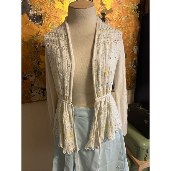 Anthropologie Moth Lazuli Beaded White Tie Front Linen Blend Cardigan Sweater S - Picture 7 of 13